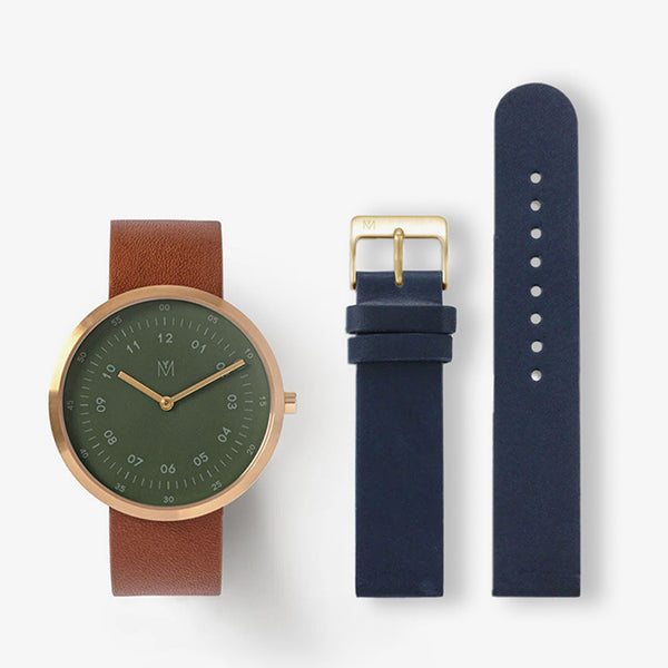 DUSTY OLIVE BROWN 40MM + NAVY LEATHER STRAP SET – MAVEN WATCHES