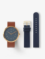 MUSTANG BROWN 40MM + NAVY LEATHER STRAP SET  (GOLD)