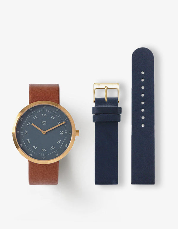 MUSTANG BROWN 34MM + NAVY LEATHER STRAP SET  (GOLD)