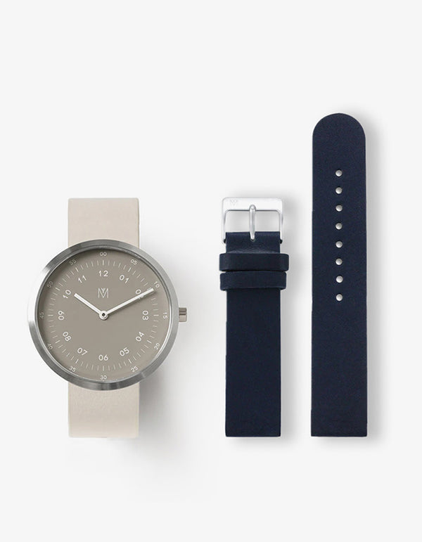 SMOKE GREEN OFFWHITE 34MM + NAVY LEATHER STRAP SET  (SILVER)