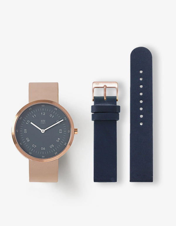 STORM CLOUD CAMEL 34MM + NAVY LEATHER STRAP SET (ROSE GOLD)