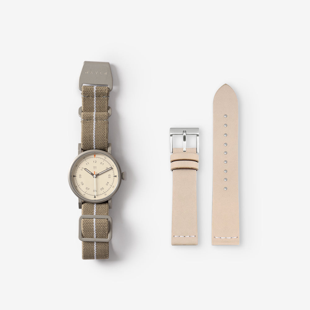 MUS-01 KHAKI P 34MM + Natural Leather Strap Gift Box